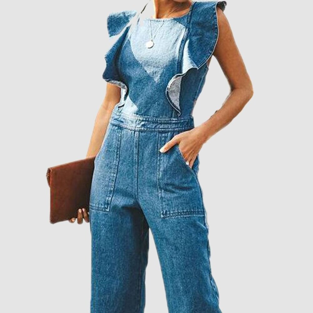 Ruffled Backless Sleeveless Denim Jumpsuit